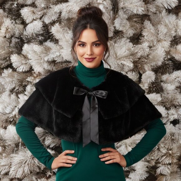 Haani Vintage Faux Fur Cape Bolero Mobster Wife Classic Crop  Jacket Holiday 1X - Picture 3 of 12